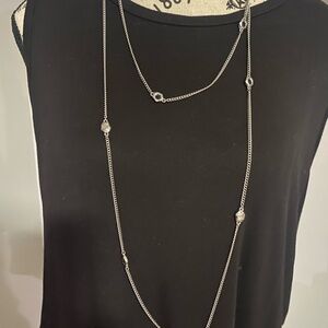 Silver Long Station Necklace with Clear Accents - Women Jewelry